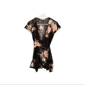 Black, floral wrap top - XS